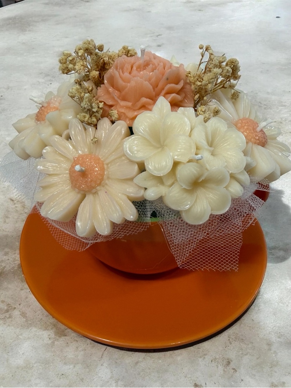 Handcrafted Peach & Cream Floral Candle Arrangement